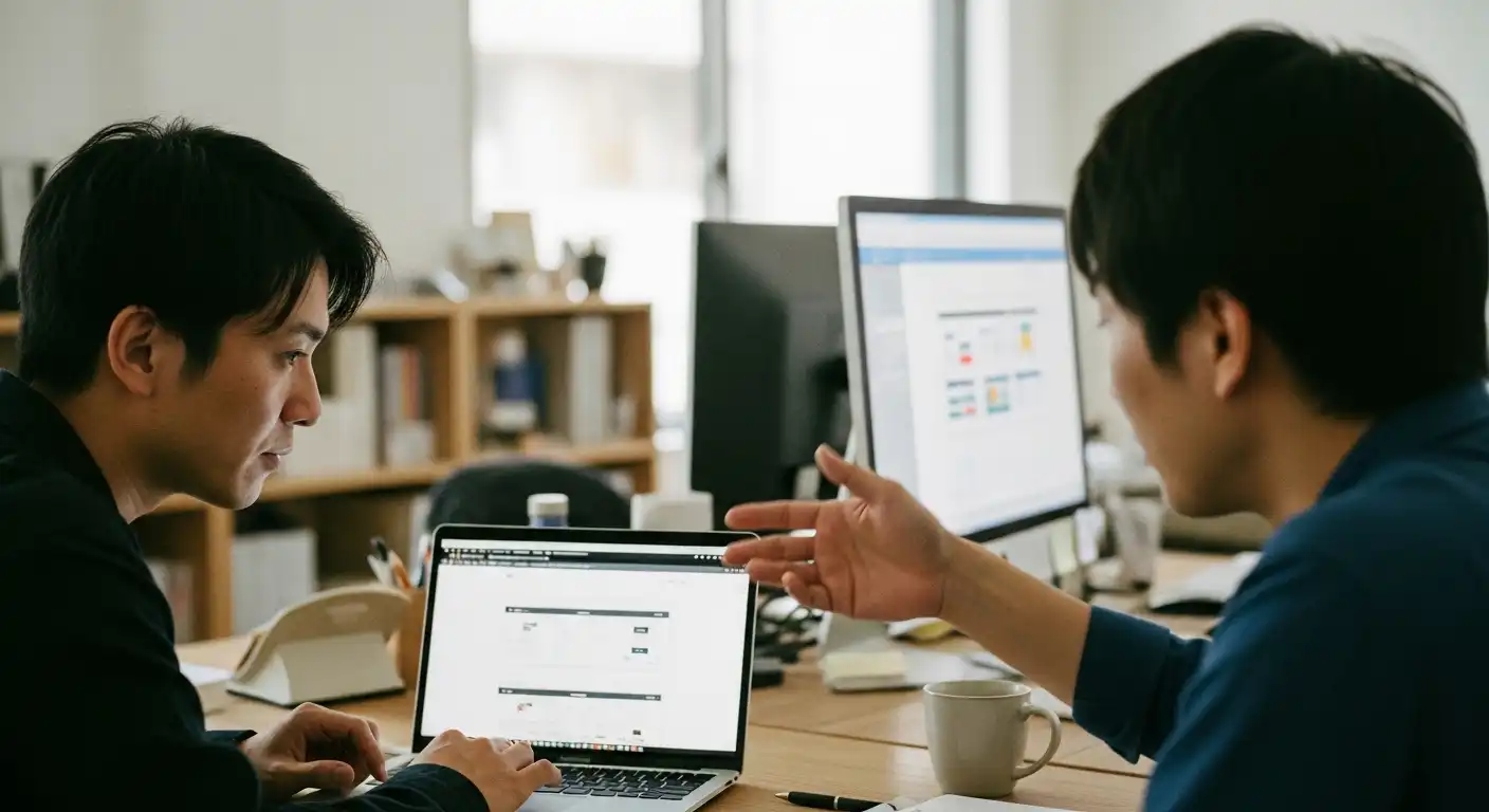 **日本のコワーキングスペースでのウェブデザイン打ち合わせ風景。ミニマリストな木製デスクでノートPCのワイヤーフレームに集中する30代の日本人フリーランス（起業家）。リアルなフィルム調のドキュメンタリー写真。** *** ### (参考：キーワード分解と意図) | 日本語キーワード | 英語での意味/意図 | SEO的な意図 | | :--- | :--- | :--- | | **コワーキングスペース** | Co-working space | 働く場所、モダンなオフィス環境の検索にヒット | | **ウェブデザイン打ち合わせ** | Web design meeting/discussion | 業種、具体的な作業内容の検索にヒット | | **フリーランス（起業家）** | Freelancer / Entrepreneur | ターゲットユーザー層（B2B、働き方）の検索にヒット | | **ミニマリストな木製デスク** | Minimalist wooden desk | インテリア、デザイン、環境に関する検索にヒット | | **ドキュメンタリー写真** | Documentary photograph | リアル、本物志向、シネマティックな視覚表現の検索にヒット | | **日本の** | Japanese | 地域特有の文脈を強化 |