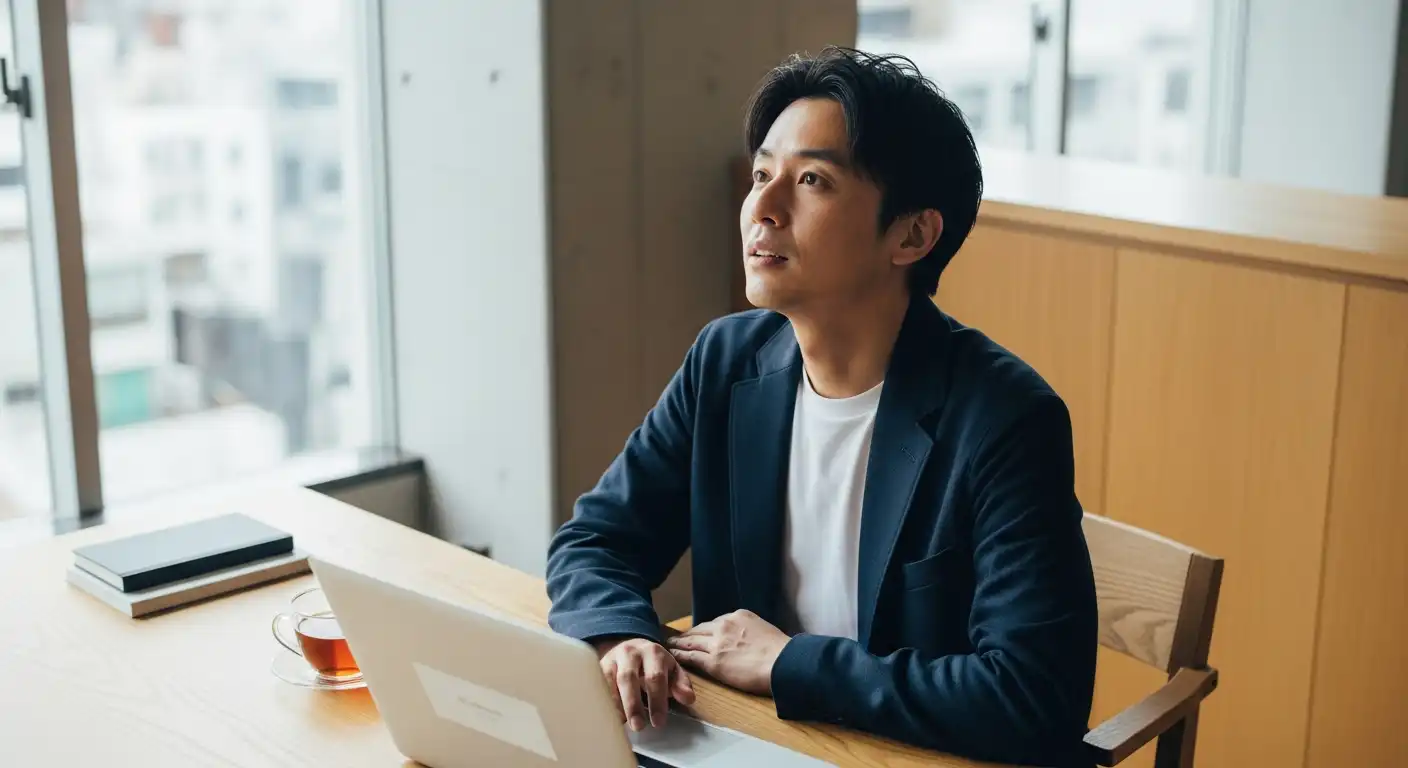 東京の洗練されたモダンな空間で、難題を解決した瞬間の安堵と成功を表現する、30代の日本人ウェブデザイナーのシネマティックな高角度ポートレート。