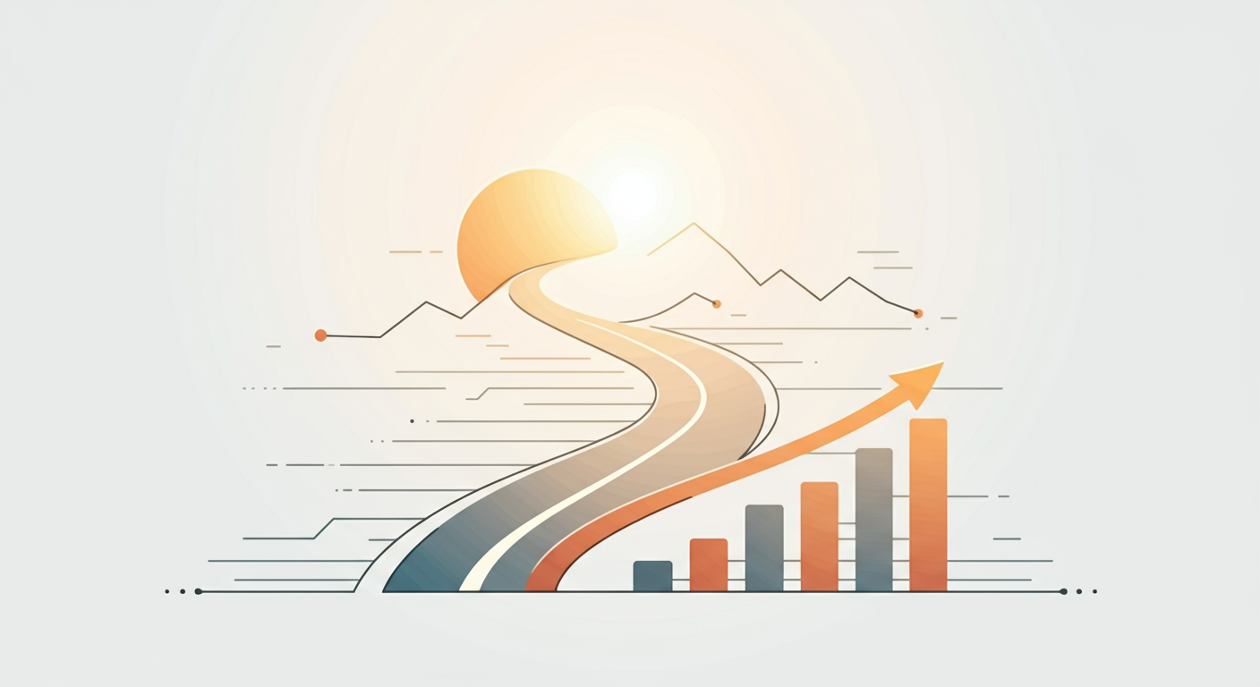 seoビジネス成功への道を示す抽象的な線画。成長を表すグラフと太陽のモチーフを使用し、中小企業のホームページにおけるSEO戦略の重要性を視覚的に表現。