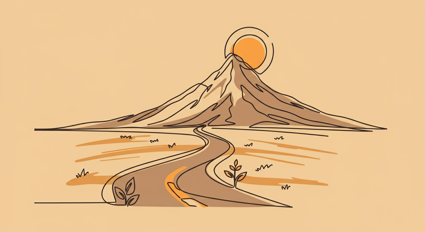 SEO効果が出るまで、一本の道が山頂へ続く様子を線画で表現。中小企業のウェブ戦略の道のりを象徴。