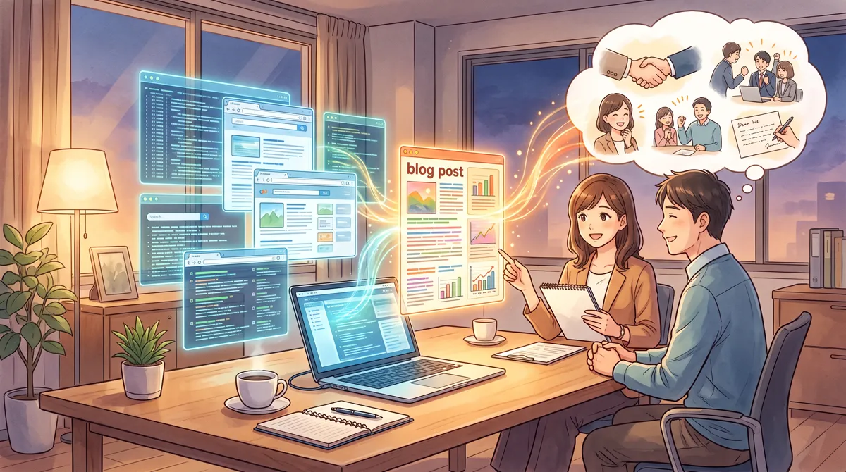 AIがインターネット上の情報を集めてブログ記事を書けることを説明しているイラスト