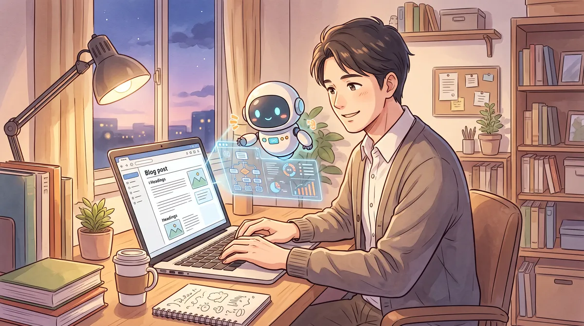 AIが二人三脚でブログ執筆をアシストしているイラスト
